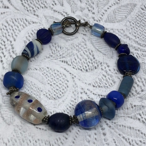 VINTAGE artisan sterling silver art glass murano + sea glass bead bracelet boho - Picture 1 of 4